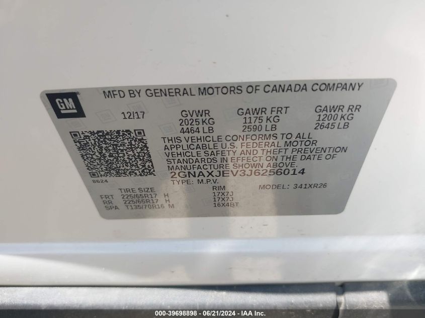 2018 Chevrolet Equinox Lt VIN: 2GNAXJEV3J6256014 Lot: 39698898