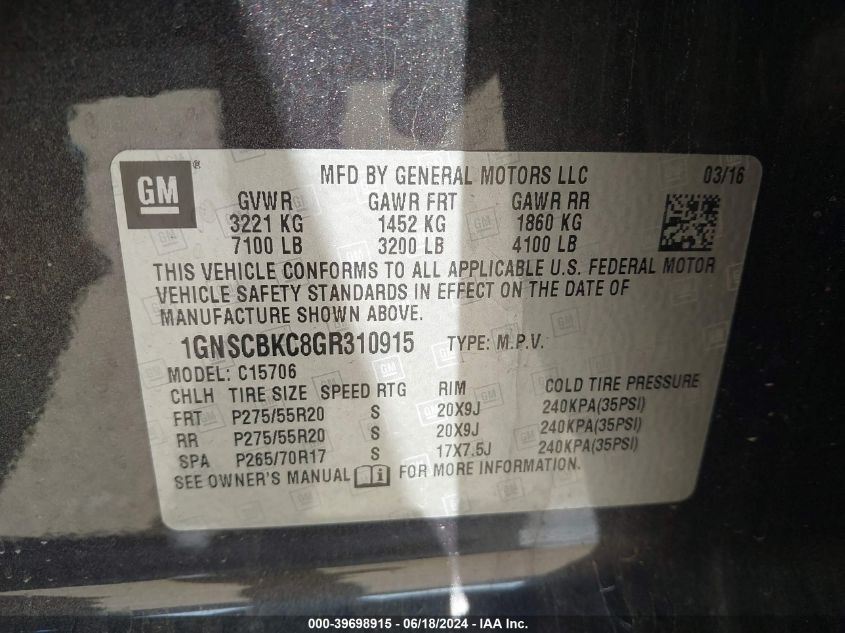 2016 Chevrolet Tahoe Lt VIN: 1GNSCBKC8GR310915 Lot: 39698915
