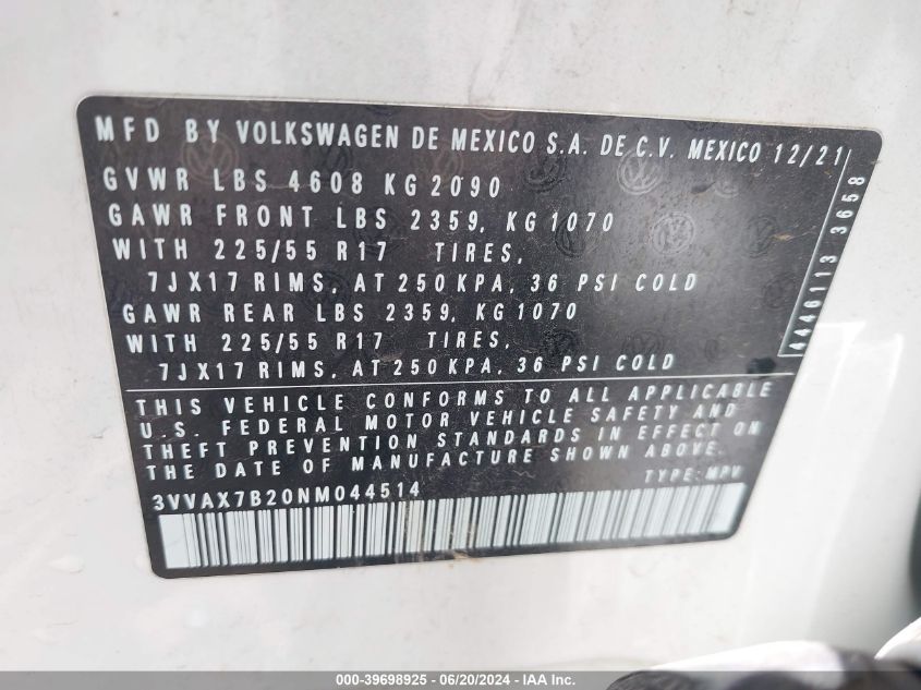 2022 Volkswagen Taos 1.5T S VIN: 3VVAX7B20NM044514 Lot: 39698925