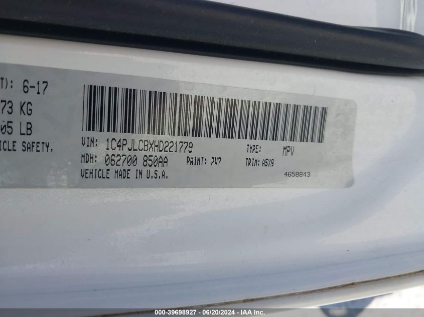 2017 Jeep Cherokee Latitude Fwd VIN: 1C4PJLCBXHD221779 Lot: 39698927