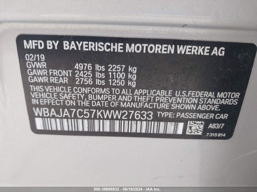 WBAJA7C57KWW27633 2019 BMW 530I xDrive