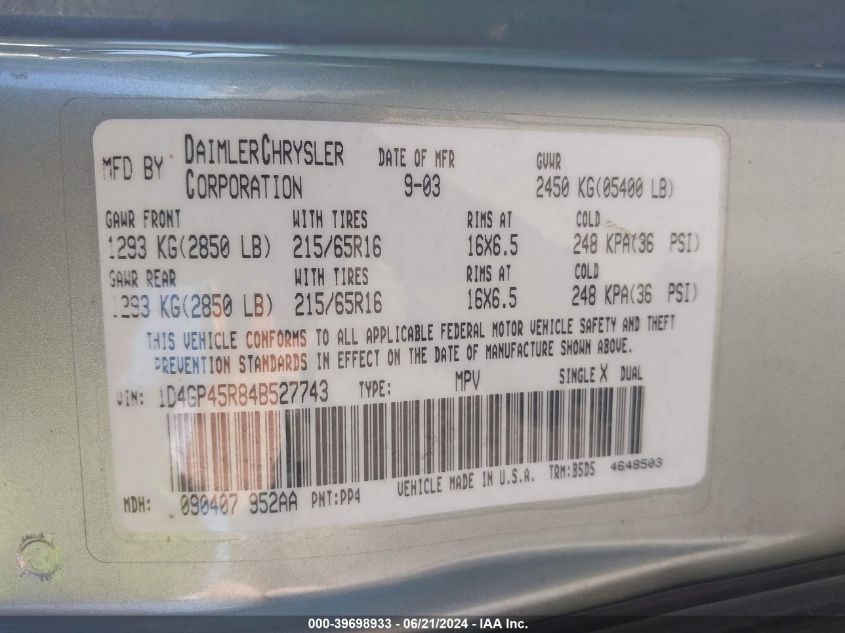 2004 Dodge Caravan Sxt VIN: 1D4GP45R84B527743 Lot: 39698933