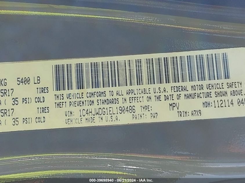 2014 Jeep Wrangler Unlimited Sport VIN: 1C4HJWDG1EL190486 Lot: 39698940