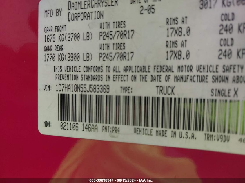 2005 Dodge Ram 1500 Slt/Laramie VIN: 1D7HA18N55J583369 Lot: 39698947