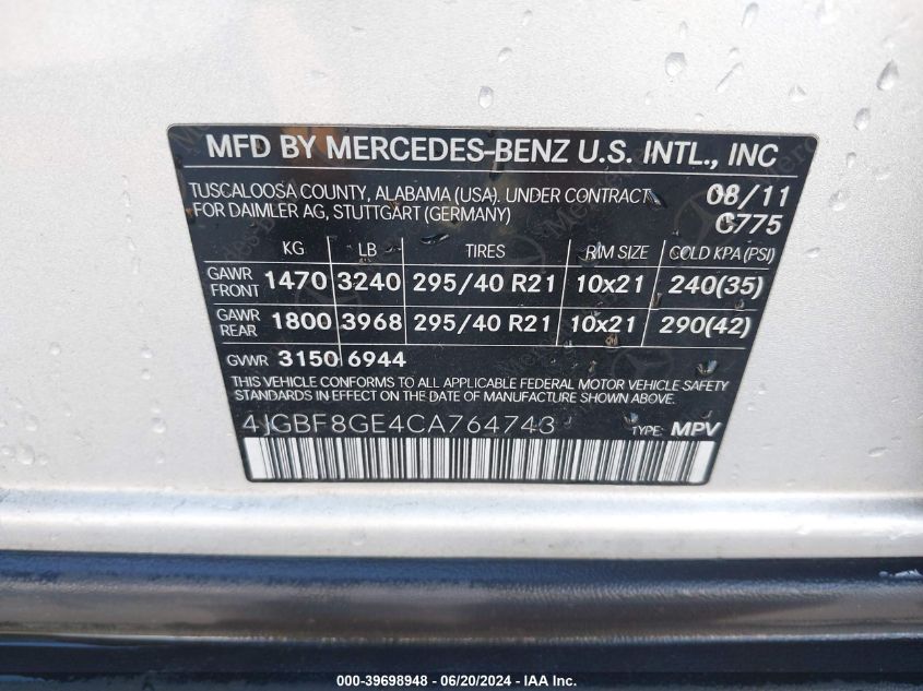 2012 Mercedes-Benz Gl 550 4Matic VIN: 4JGBF8GE4CA764743 Lot: 39698948