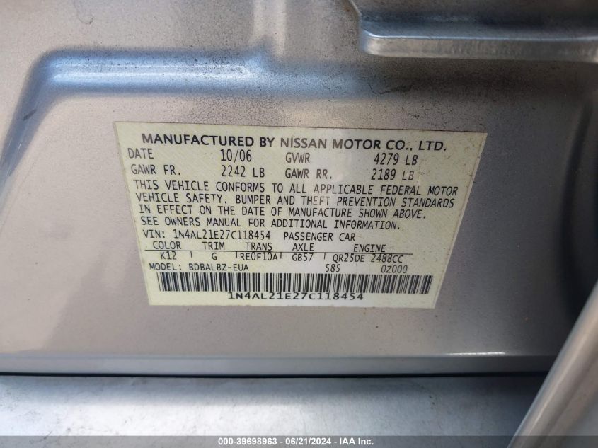 2007 Nissan Altima 2.5 S VIN: 1N4AL21E27C118454 Lot: 39698963