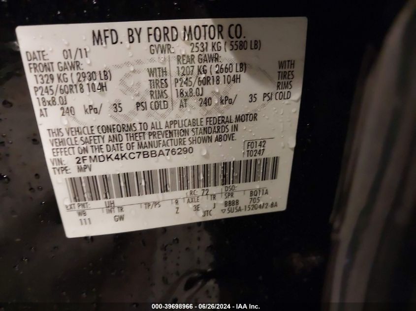 2011 Ford Edge Limited VIN: 2FMDK4KC7BBA76290 Lot: 39698966