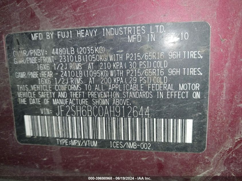 2010 Subaru Forester 2.5X VIN: JF2SH6BC0AH912644 Lot: 39698968