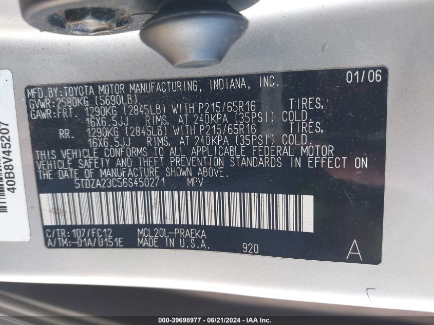 2006 Toyota Sienna Le VIN: 5TDZA23C56S450271 Lot: 39698977