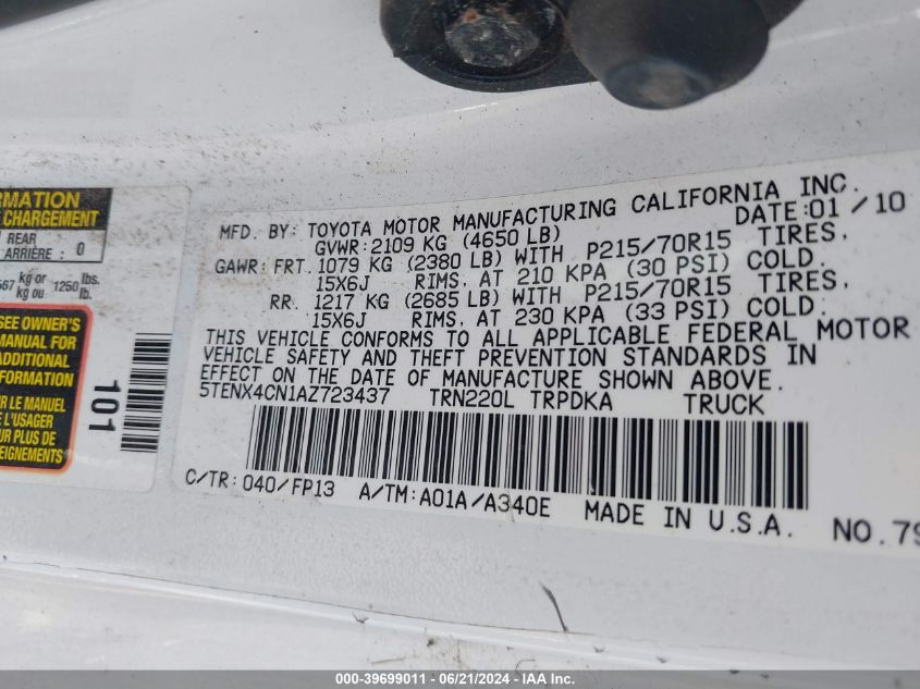 2010 Toyota Tacoma VIN: 5TENX4CN1AZ723437 Lot: 39699011