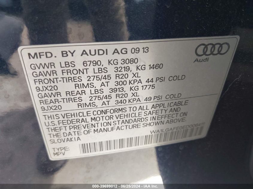 2014 Audi Q7 3.0T Premium VIN: WA1LGAFE0ED006411 Lot: 39699012