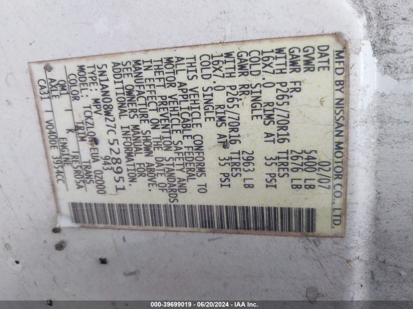 2007 Nissan Xterra Off Road/S/Se VIN: 5N1AN08W27C528951 Lot: 39699019