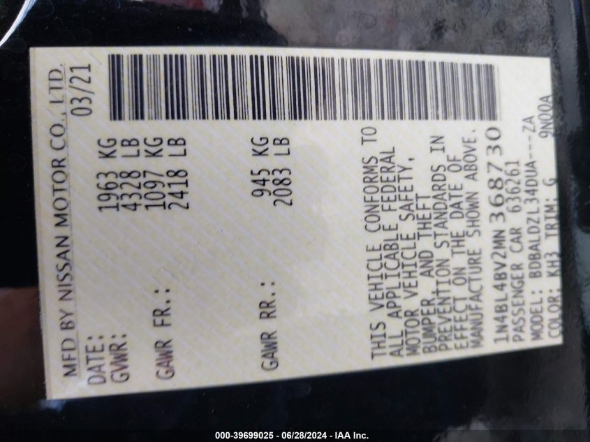 2021 Nissan Altima S Fwd VIN: 1N4BL4BV2MN368730 Lot: 39699025