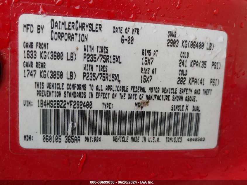 2000 Dodge Durango VIN: 1B4HS28Z2YF292400 Lot: 39699030