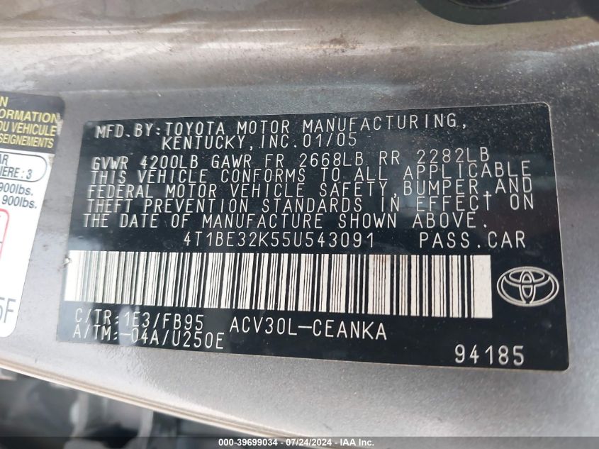 2005 Toyota Camry Le VIN: 4T1BE32K55U543091 Lot: 39699034