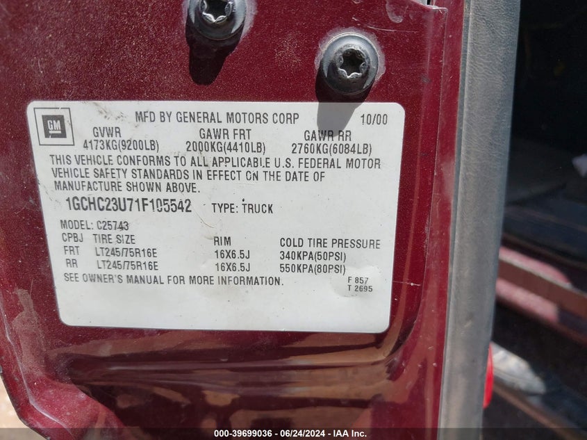 2001 Chevrolet Silverado 2500Hd Ls VIN: 1GCHC23U71F105542 Lot: 39699036