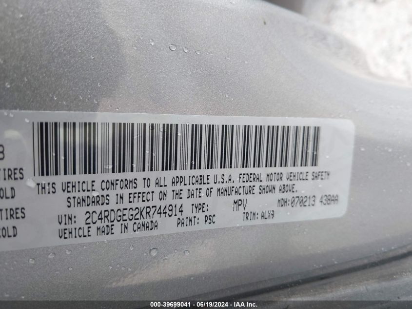 2019 Dodge Grand Caravan Gt VIN: 2C4RDGEG2KR744914 Lot: 39699041