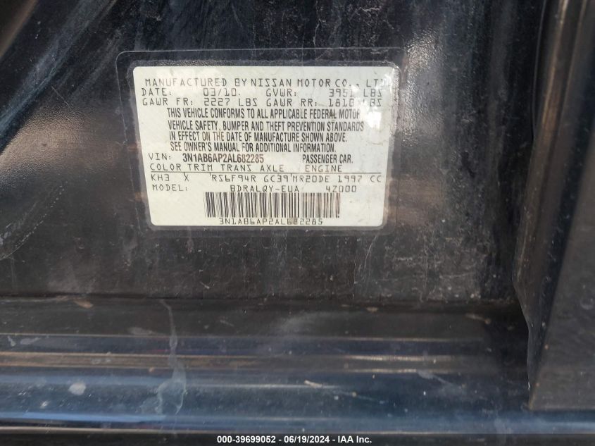 2010 Nissan Sentra 2.0 VIN: 3N1AB6AP2AL682285 Lot: 39699052