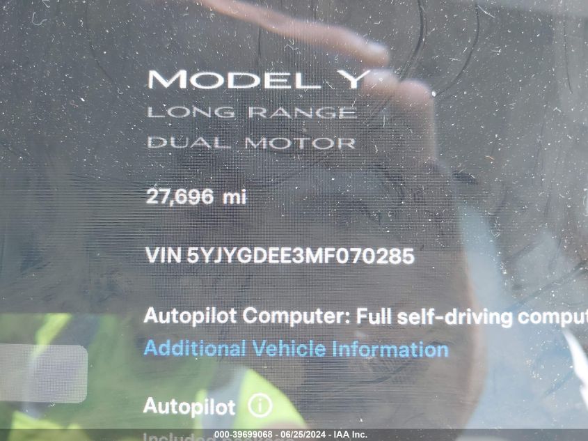 2021 Tesla Model Y Long Range Dual Motor All-Wheel Drive VIN: 5YJYGDEE3MF070285 Lot: 39699068