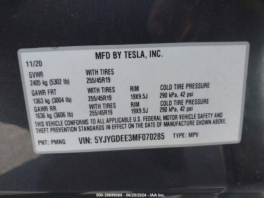 2021 Tesla Model Y Long Range Dual Motor All-Wheel Drive VIN: 5YJYGDEE3MF070285 Lot: 39699068