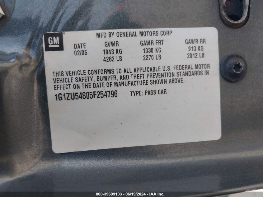 2005 Chevrolet Malibu Lt VIN: 1G1ZU54805F254796 Lot: 39699103