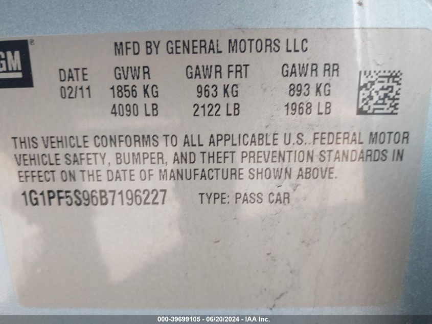 2011 Chevrolet Cruze Lt VIN: 1G1PF5S96B7196227 Lot: 39699105