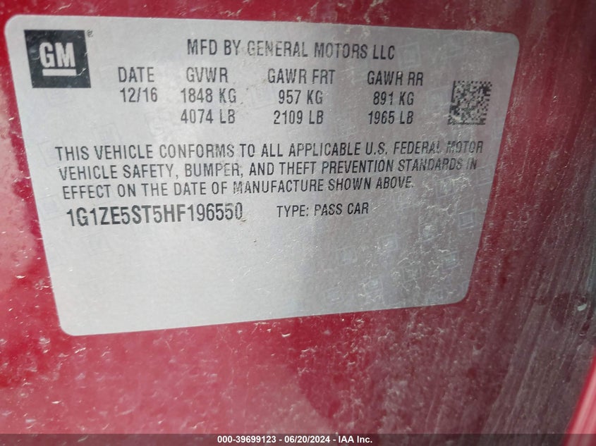 2017 Chevrolet Malibu Lt VIN: 1G1ZE5ST5HF196550 Lot: 39699123