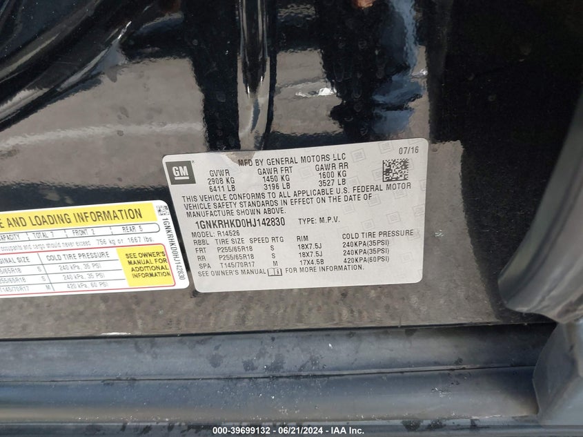 2017 Chevrolet Traverse Lt VIN: 1GNKRHKD0HJ142830 Lot: 39699132