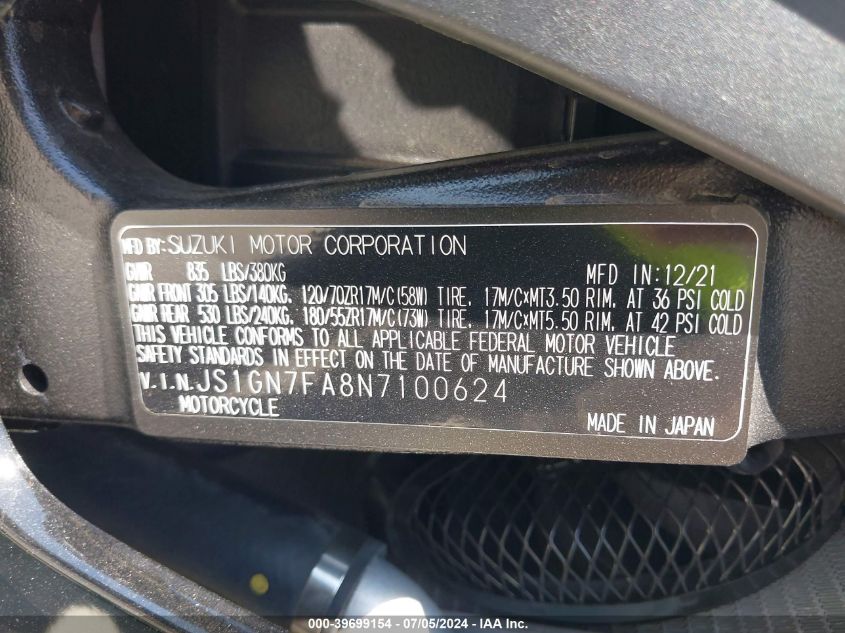 2022 SUZUKI GSX-R600 - JS1GN7FA8N7100624