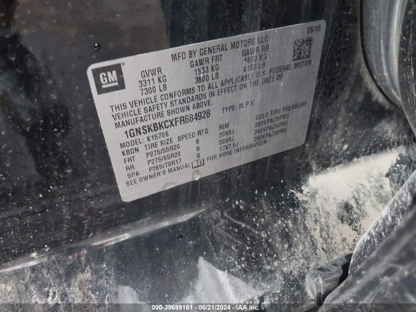 2015 Chevrolet Tahoe Lt VIN: 1GNSKBKCXFR684928 Lot: 39699161