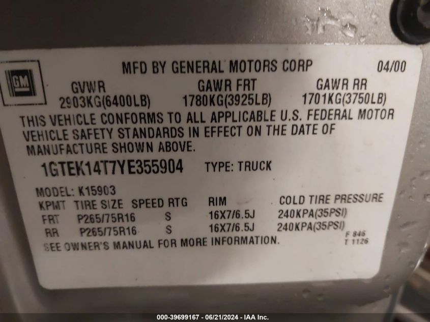 2000 GMC Sierra 1500 Sle VIN: 1GTEK14T7YE355904 Lot: 39699167