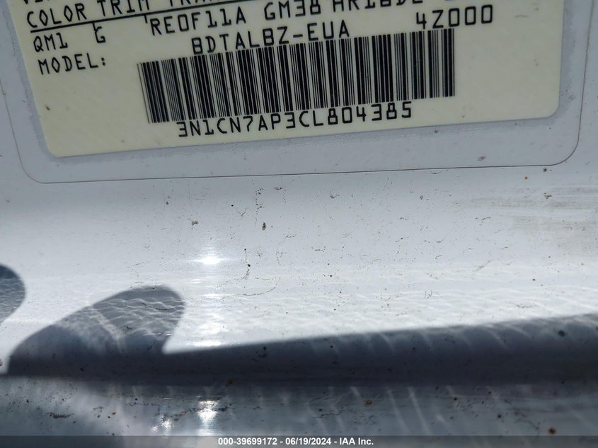 2012 Nissan Versa 1.6 Sv VIN: 3N1CN7AP3CL804385 Lot: 39699172