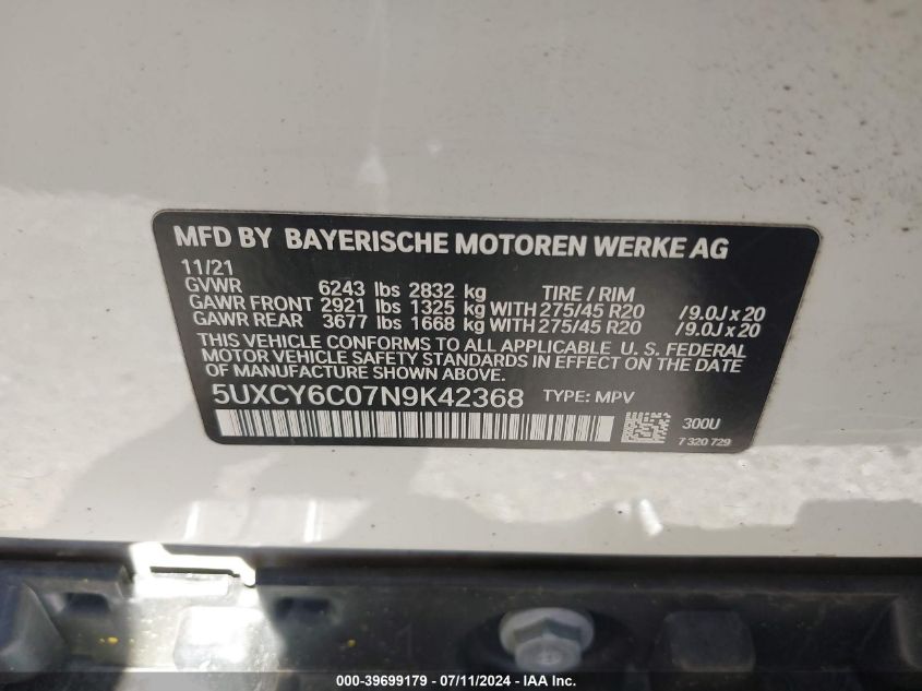 2022 BMW X6 xDrive40I VIN: 5UXCY6C07N9K42368 Lot: 39699179