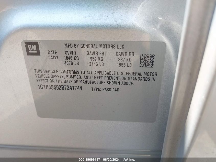 2011 Chevrolet Cruze Eco VIN: 1G1PJ5S92B7241744 Lot: 39699197