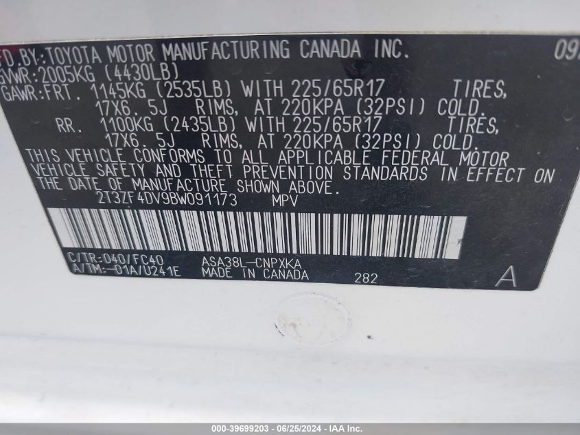 2011 Toyota Rav4 VIN: 2T3ZF4DV9BW091173 Lot: 39699203