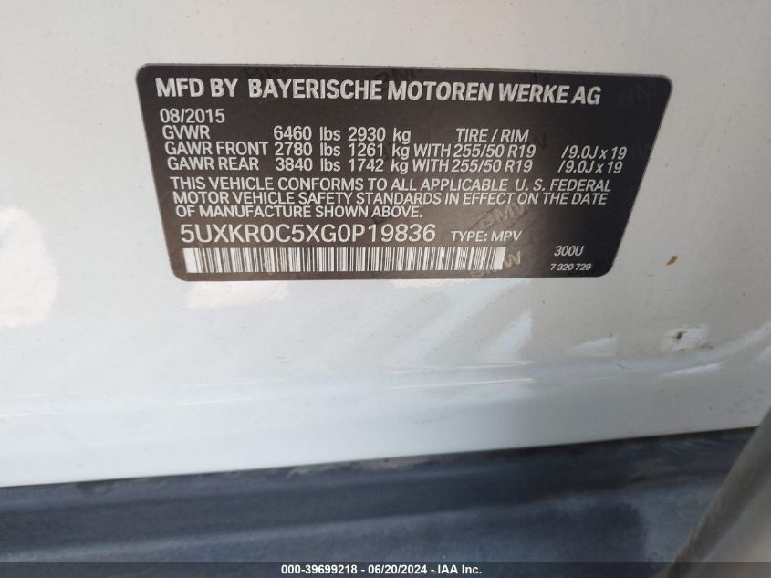 2016 BMW X5 xDrive35I VIN: 5UXKR0C5XG0P19836 Lot: 39699218