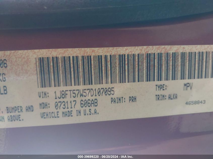 2007 Jeep Compass Limited VIN: 1J8FT57W57D107095 Lot: 39699220