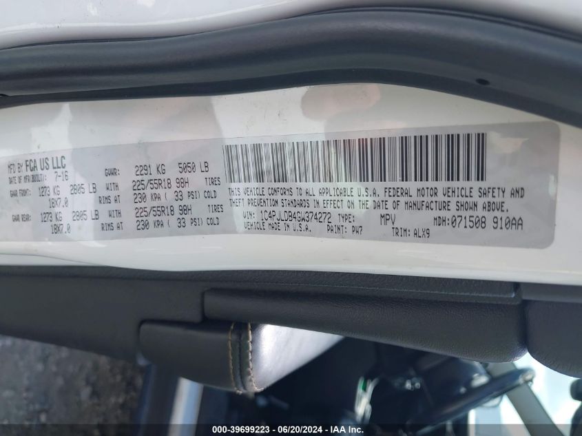 2016 Jeep Cherokee Limited VIN: 1C4PJLDB4GW374272 Lot: 39699223