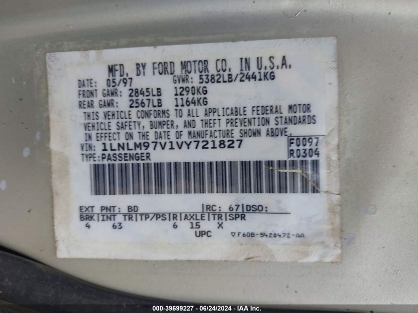 1997 Lincoln Continental VIN: 1LNLM97V1VY721827 Lot: 39699227