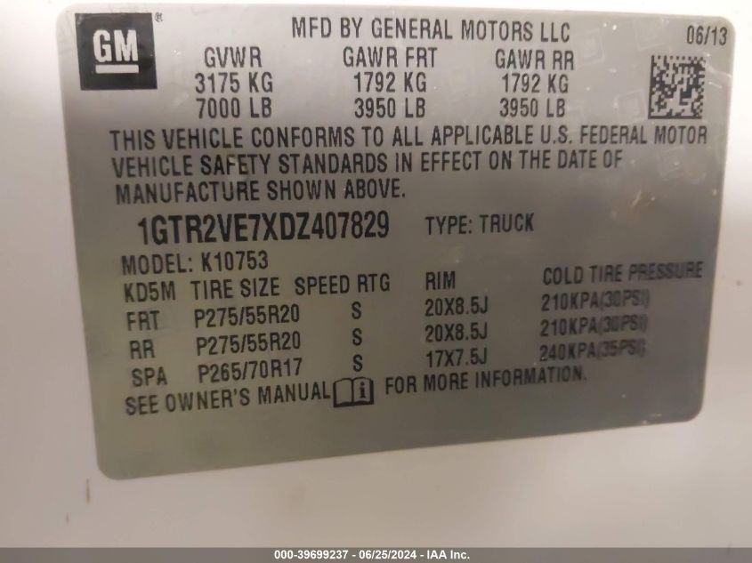 2013 GMC Sierra K1500 Sle VIN: 1GTR2VE7XDZ407829 Lot: 39699237