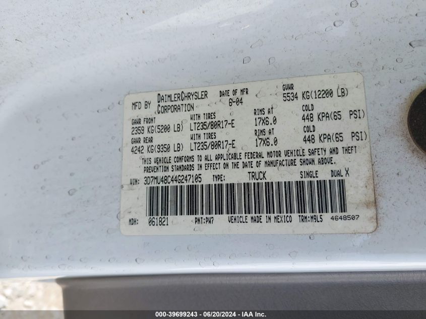 2004 Dodge Ram 3500 Slt/Laramie VIN: 3D7MU48C44G247105 Lot: 39699243