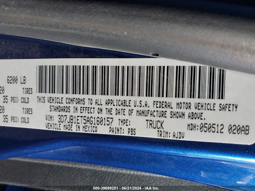 2010 Dodge Ram 1500 Slt/Sport/Trx VIN: 3D7JB1ET5AG160157 Lot: 39699251
