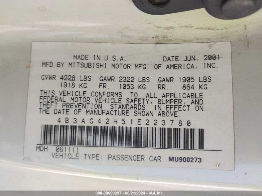 2001 Dodge Stratus Se VIN: 4B3AG42H51E223780 Lot: 39699297