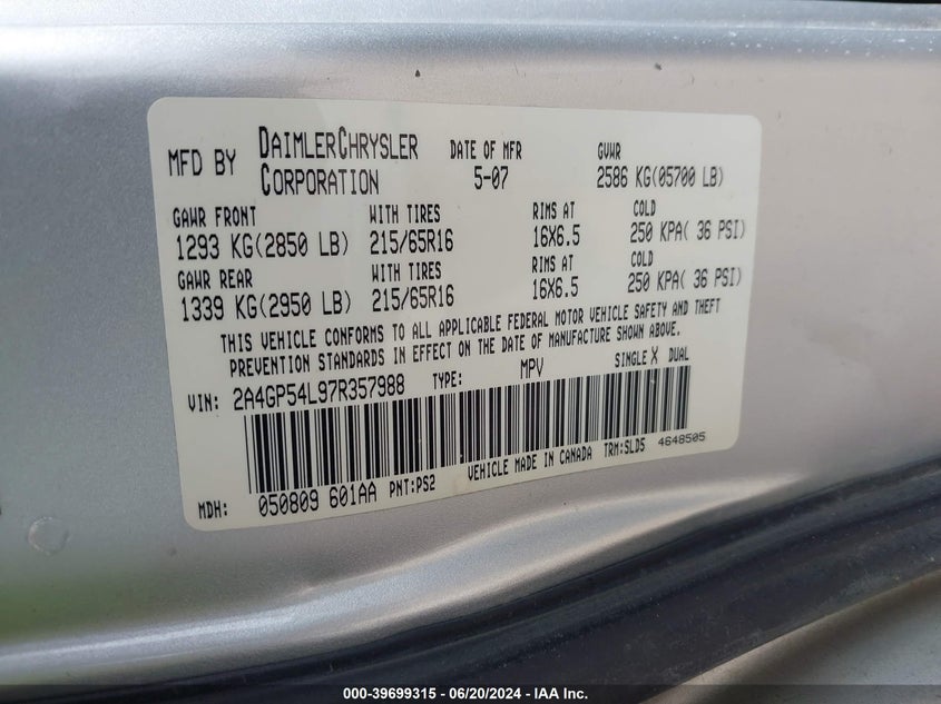 2007 Chrysler Town & Country Touring VIN: 2A4GP54L97R357988 Lot: 39699315