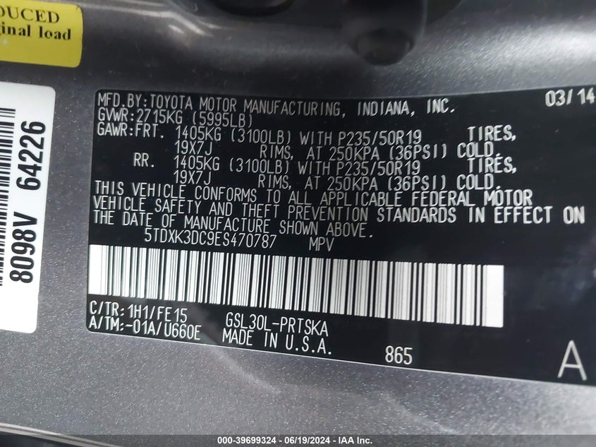 2014 Toyota Sienna Se 8 Passenger VIN: 5TDXK3DC9ES470787 Lot: 39699324