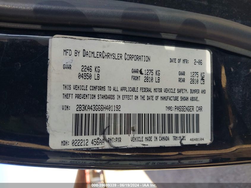 2006 Dodge Charger VIN: 2B3KA43G66H401192 Lot: 39699339
