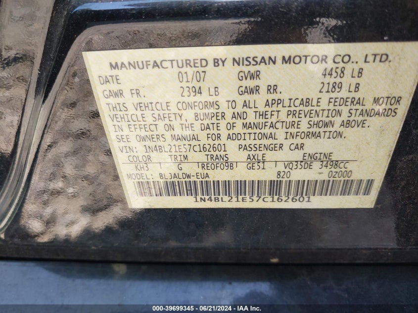 2007 Nissan Altima 3.5 Se VIN: 1N4BL21E57C162601 Lot: 39699345