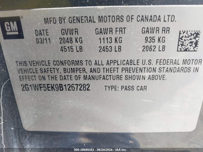 2011 Chevrolet Impala Ls VIN: 2G1WF5EK9B1267282 Lot: 39699353