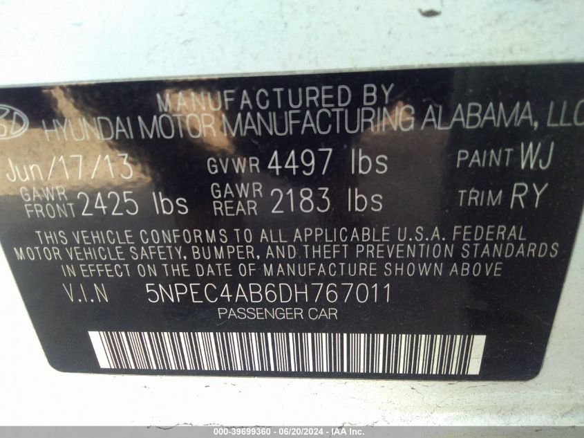 2013 Hyundai Sonata Se/Limited VIN: 5NPEC4AB6DH767011 Lot: 39699360