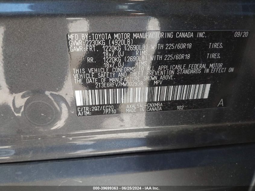 2021 Toyota Rav4 Xse Hybrid VIN: 2T3E6RFV7MW002938 Lot: 39699363